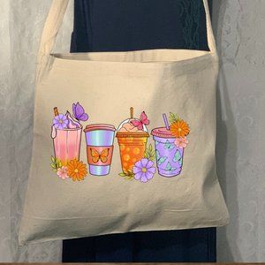 Butterfly Cup Drinks Small Crossbody Messenger Canvas Tote Bag with Long Straps